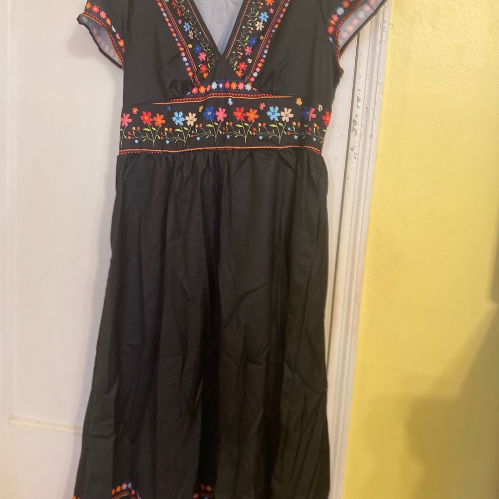SHEIN Black Dress with Colorful Floral Embroidery